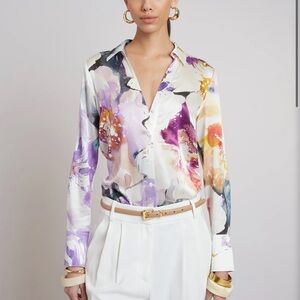 NWT Elie Tahari Silk Satin Bloom Floral Shirt